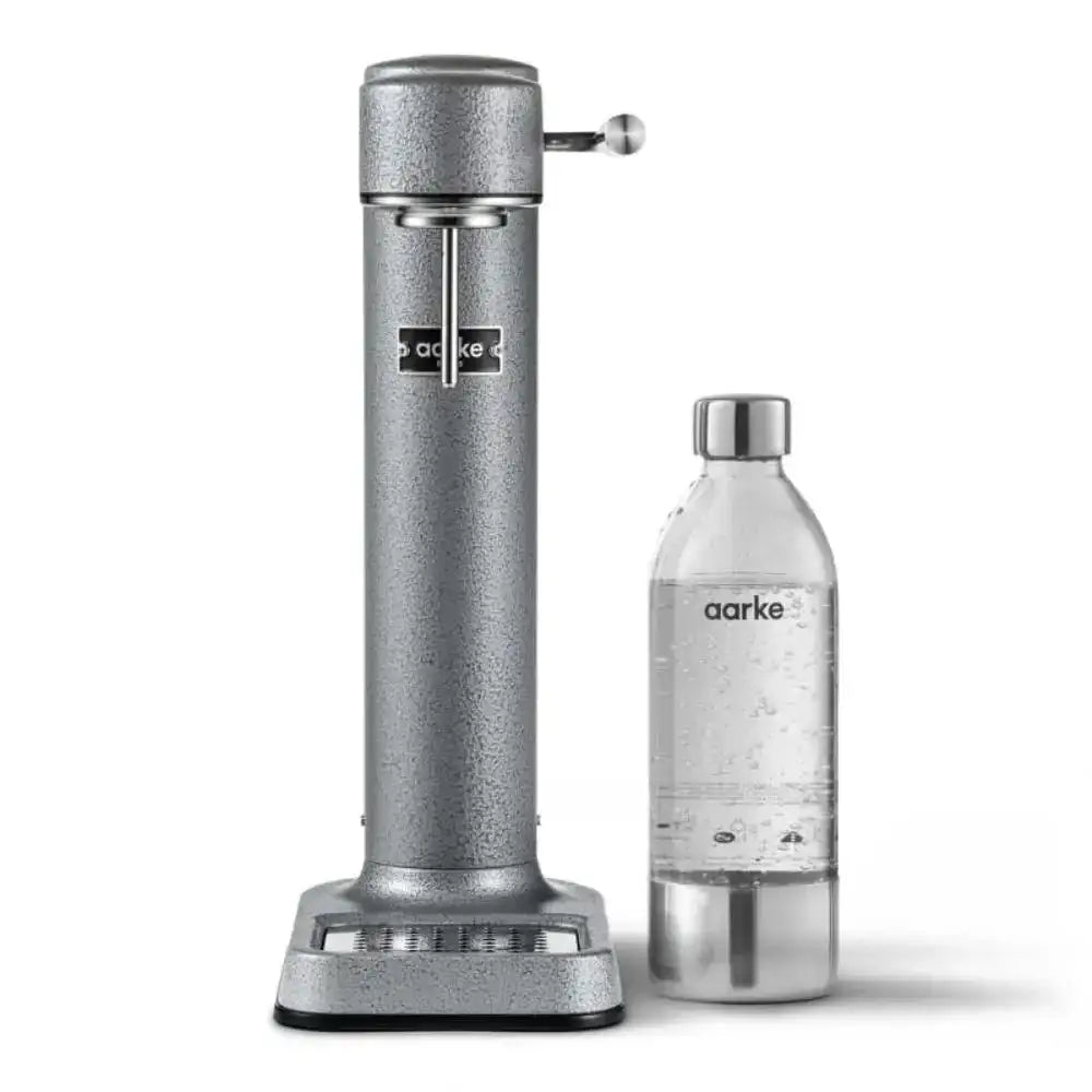 Aarke III premium water carbonator in hammertone grey with matching bottle, Cookin Stores