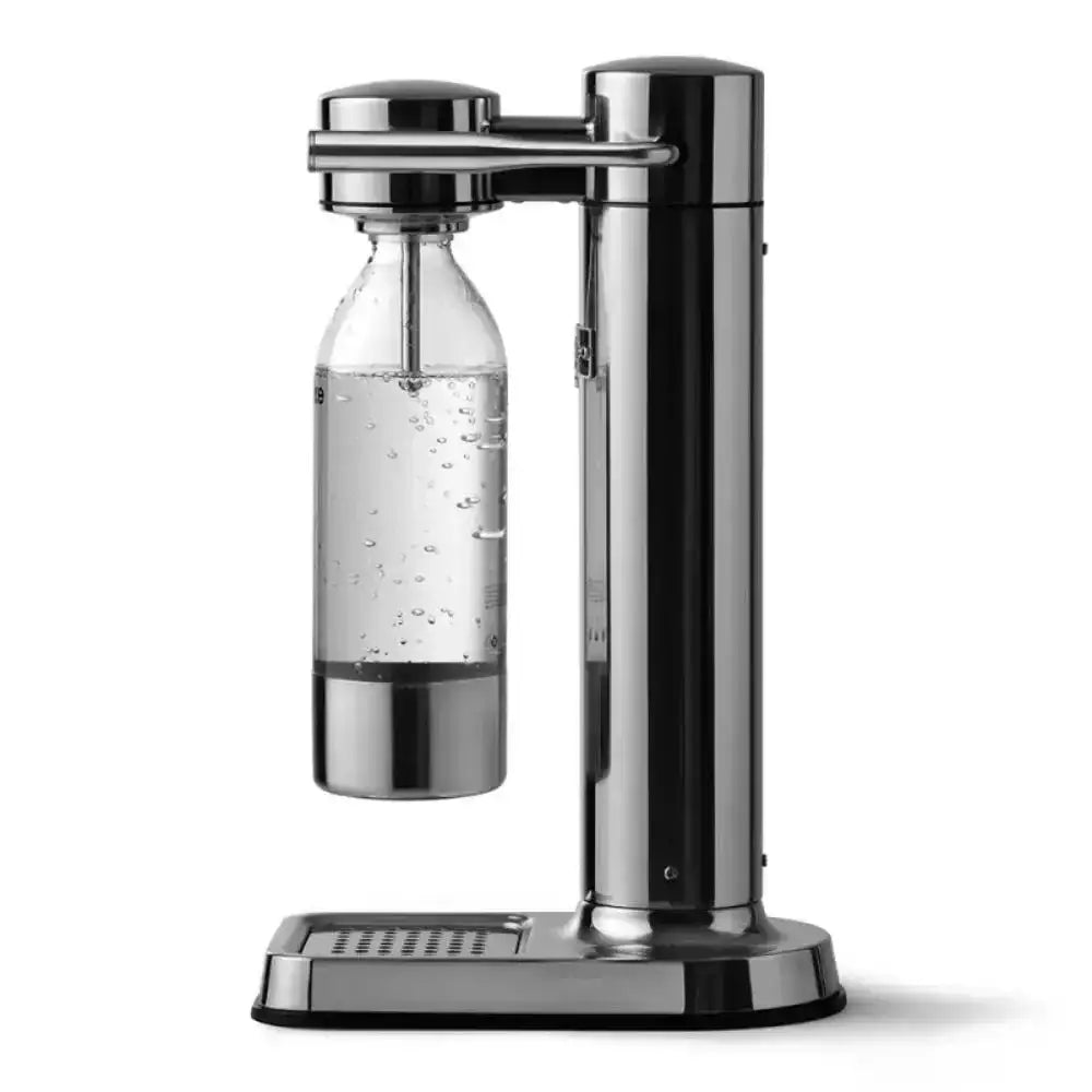 Aarke III premium water carbonator in polished steel, carbonating a bottle, from Cookin Stores.