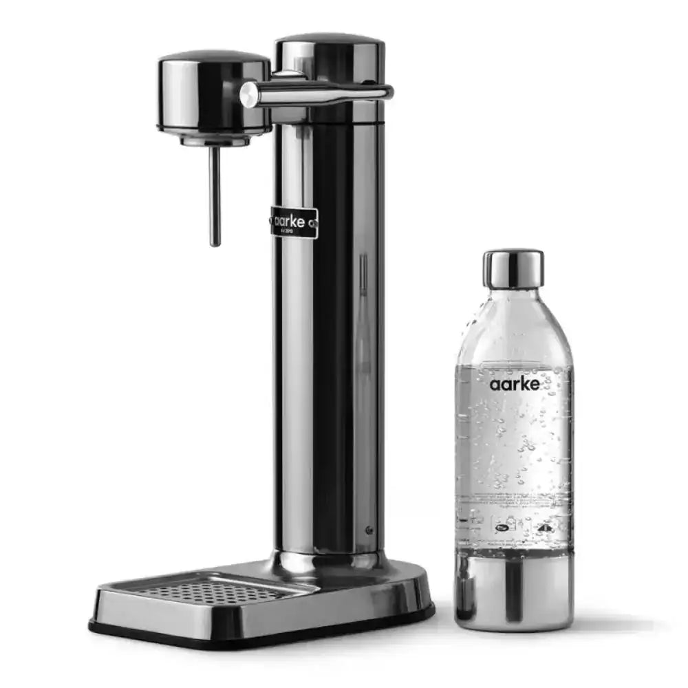 Aarke III premium water carbonator in polished steel with branded bottle, Cookin Stores kitchenware