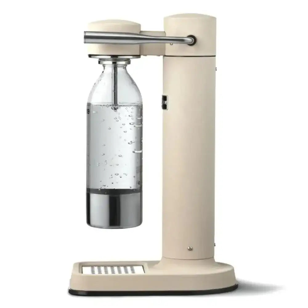 Aarke III premium water carbonator in sand color with soda bottle, kitchenware from Cookin Stores