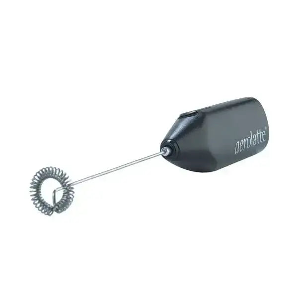 Black milk frother with 'aerolatte' branding on a white background