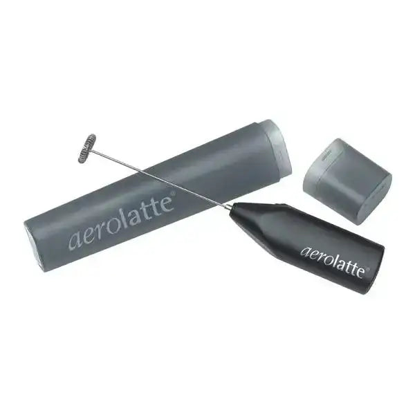 Aerolatte milk frother with its packaging on a white background