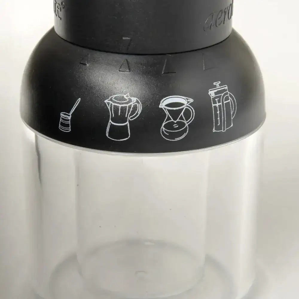 Clear container with black lid featuring white icons on a white background