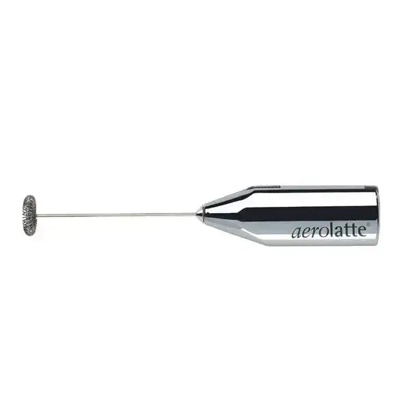 Metal milk frother with 'aerolatte' branding on a white background