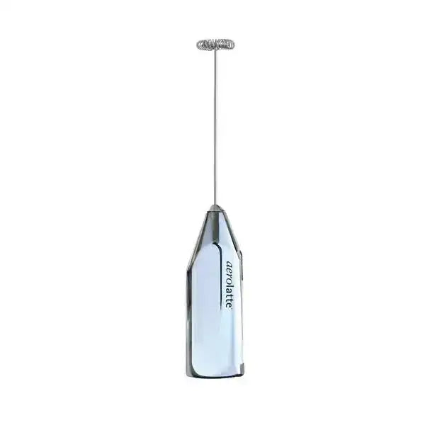 Chrome milk frother with 'Aeroccino' branding on a white background