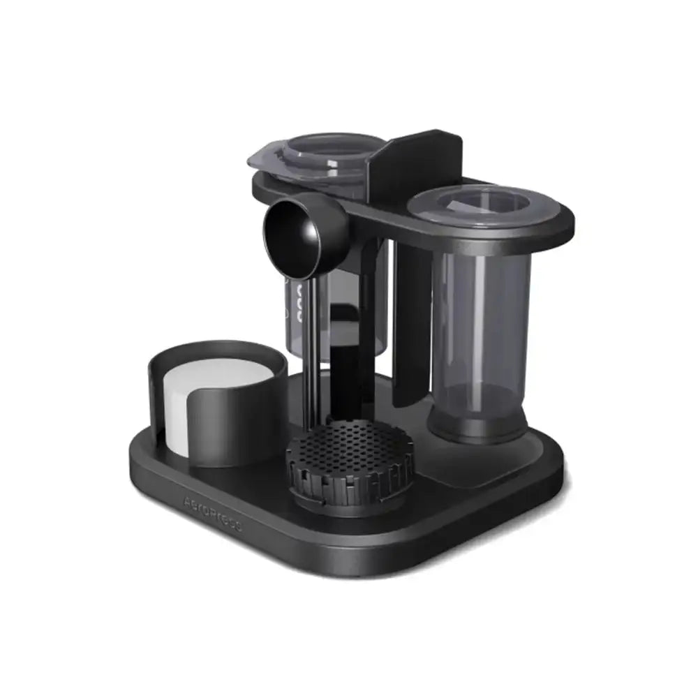 Black coffee brewing device on a white background