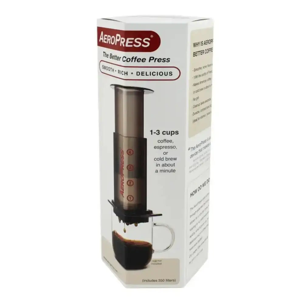 Aeropress coffee press packaging on a white background