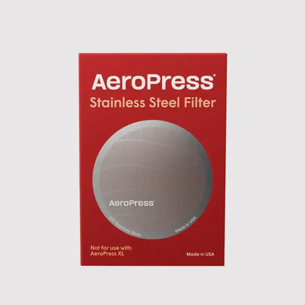 Aeropress stainless steel filter packaging on a white background
