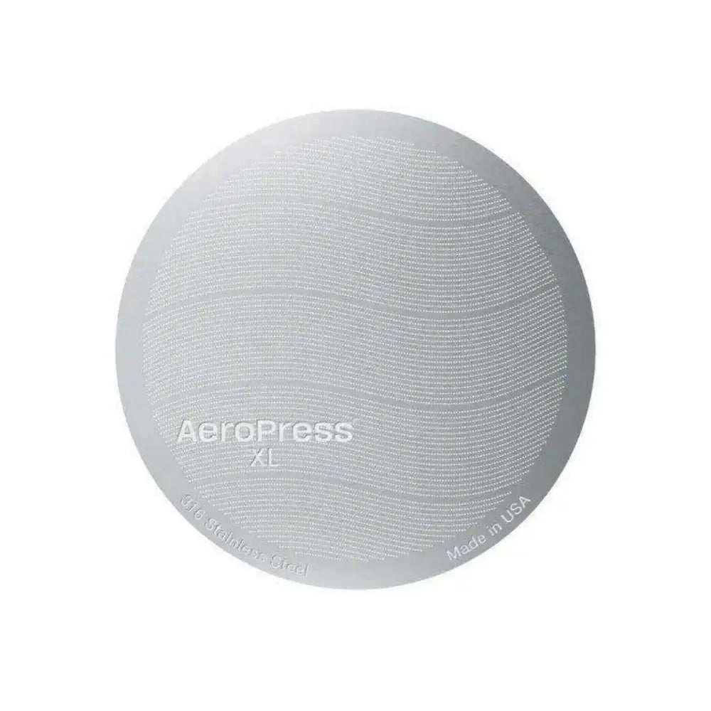 Round white filter with 'Aeropress XL' branding on a white background