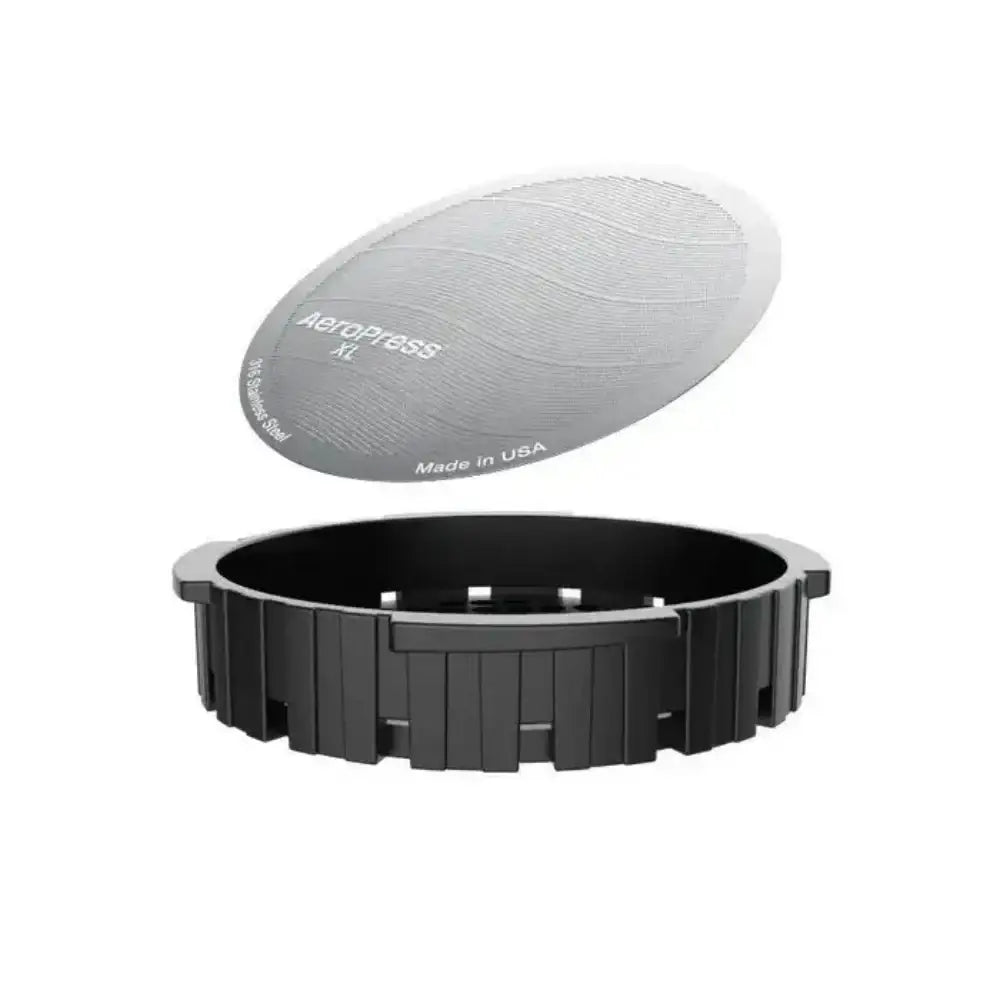 AeroPress XL coffee maker with a gray filter on a white background