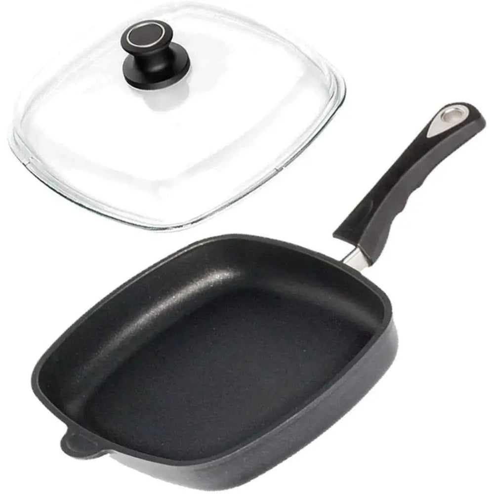 Square Black frying pan with glass lid on a white background