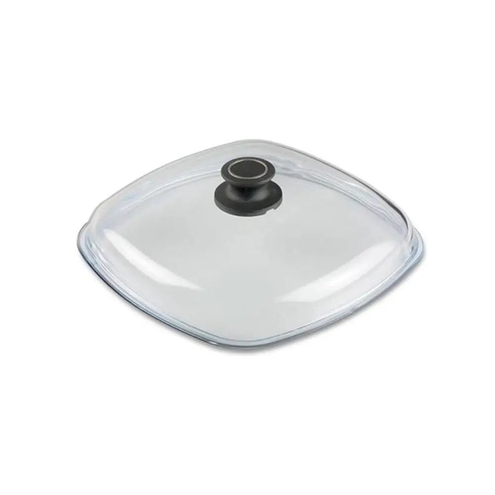 Clear square glass lid with a black handle on a white background