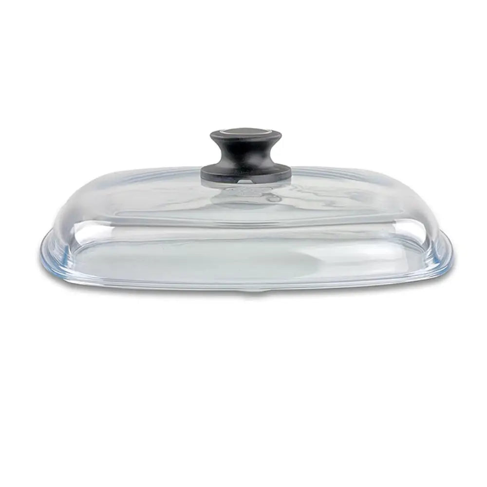 Clear glass lid with black knob handle on a white background