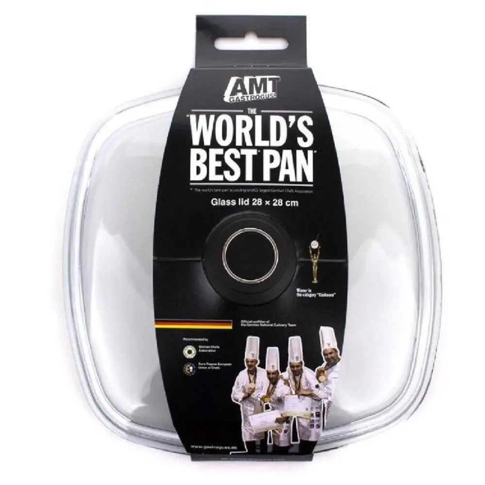 Glass lid for cookware with 'The World's Best Pan' packaging on a white background