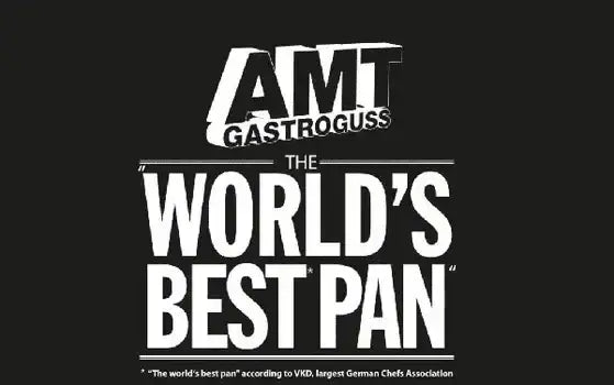 AMT Gastroguss logo with slogan 'The World's Best Pan' on a black background, Cookin Stores premium kitchenware.
