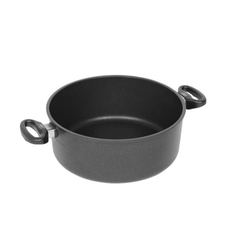 Black pot with two handles on a white background
