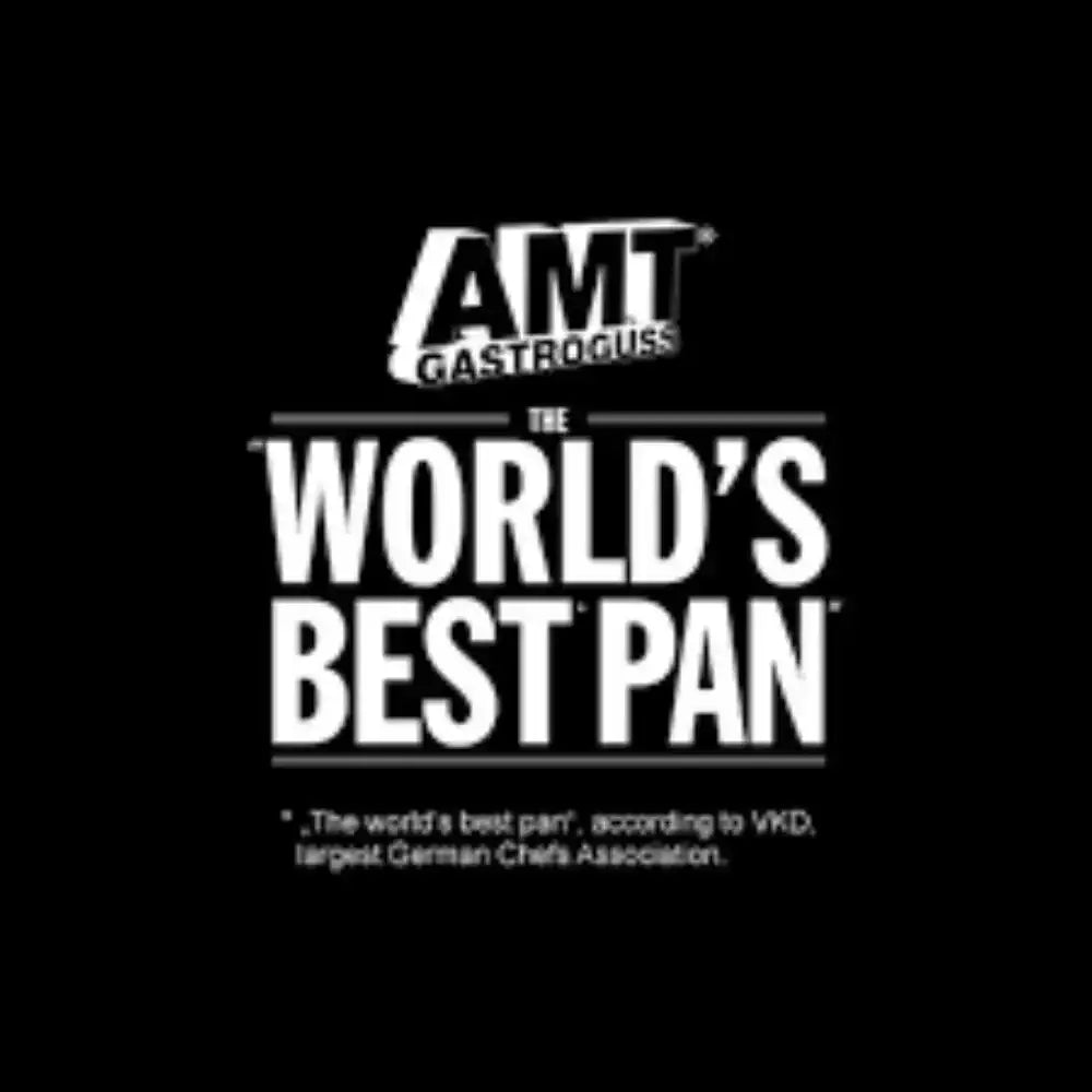 AMT Gastroguss World's Best Pan award label, black background, Cookin Stores premium cookware