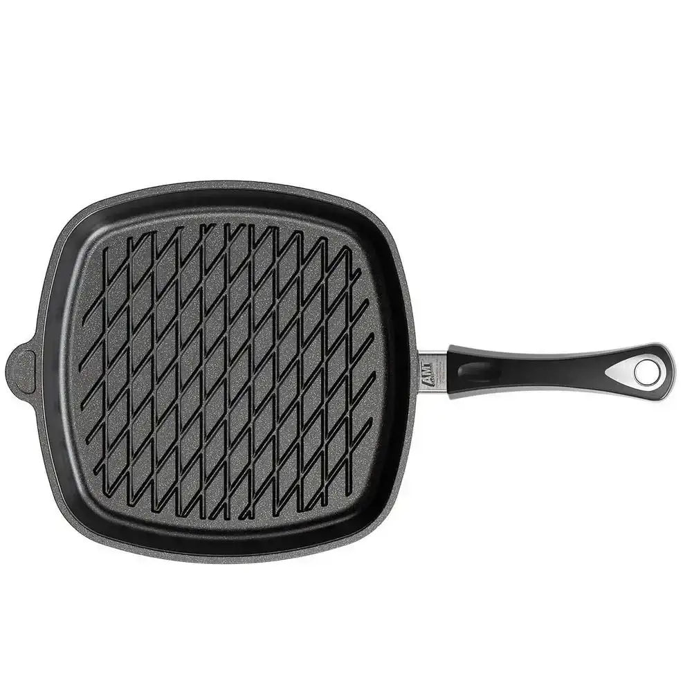 AMT non-stick square BBQ grill pan 28cm with black handle on white background, Cookin Stores kitchenware