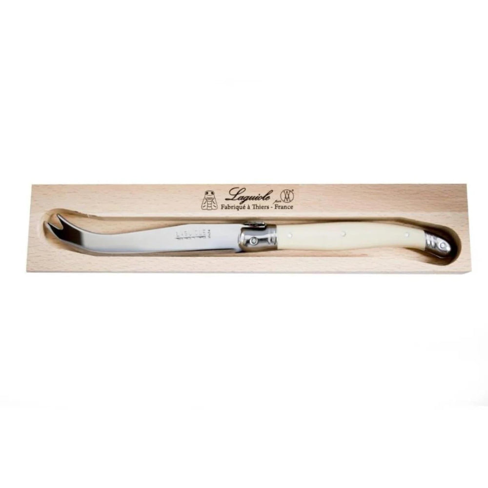 Cheese knife with wooden handle in a box on a white background