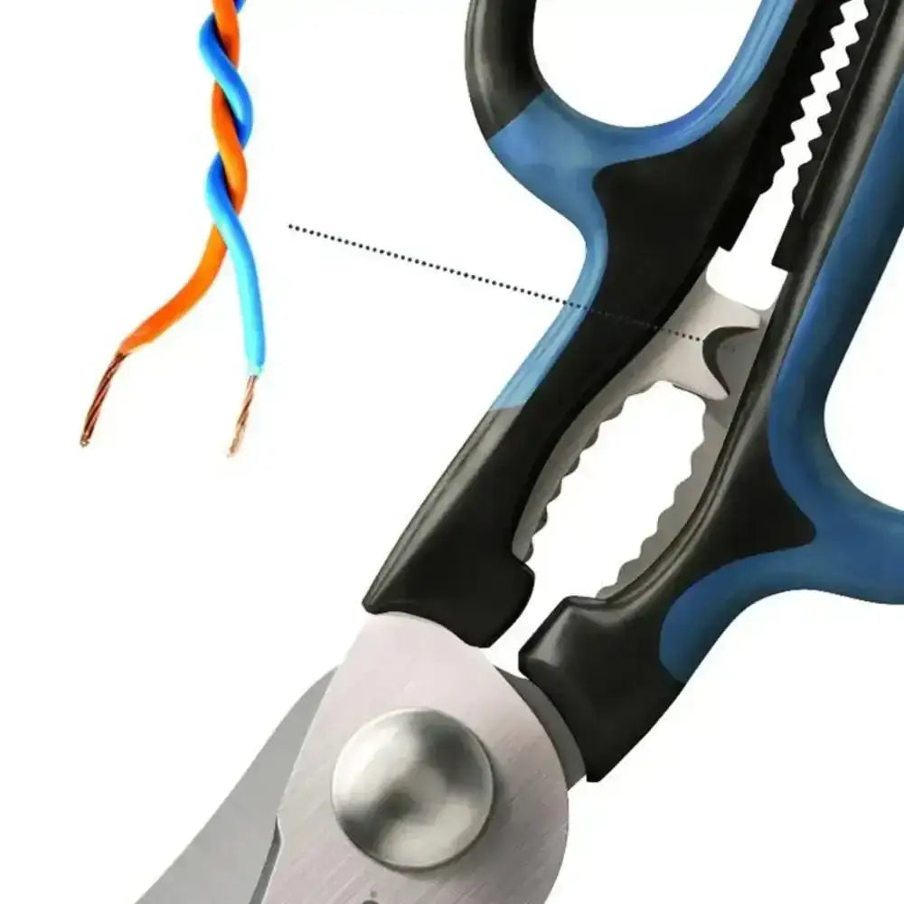 Pair of wire cutters with a close-up of the cutting edge on a white background