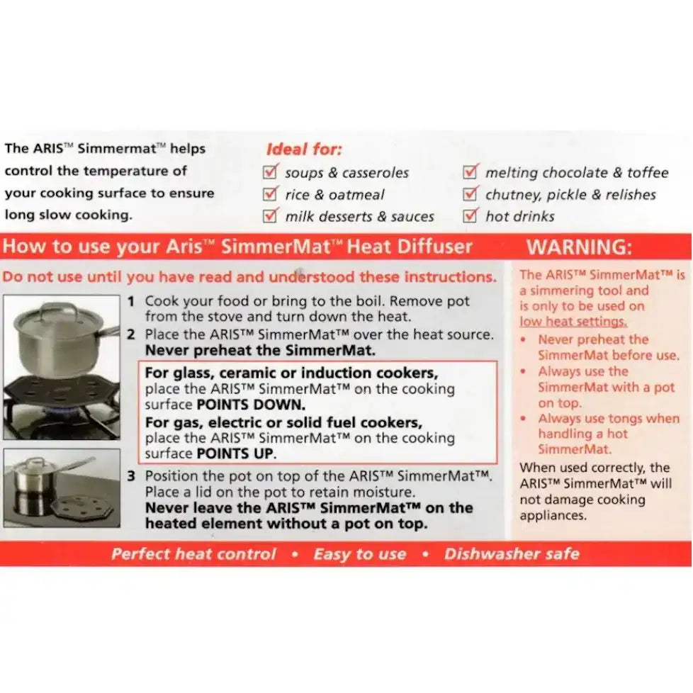 Aris Simmermat heat diffuser instruction sheet with usage guidelines and safety warnings.