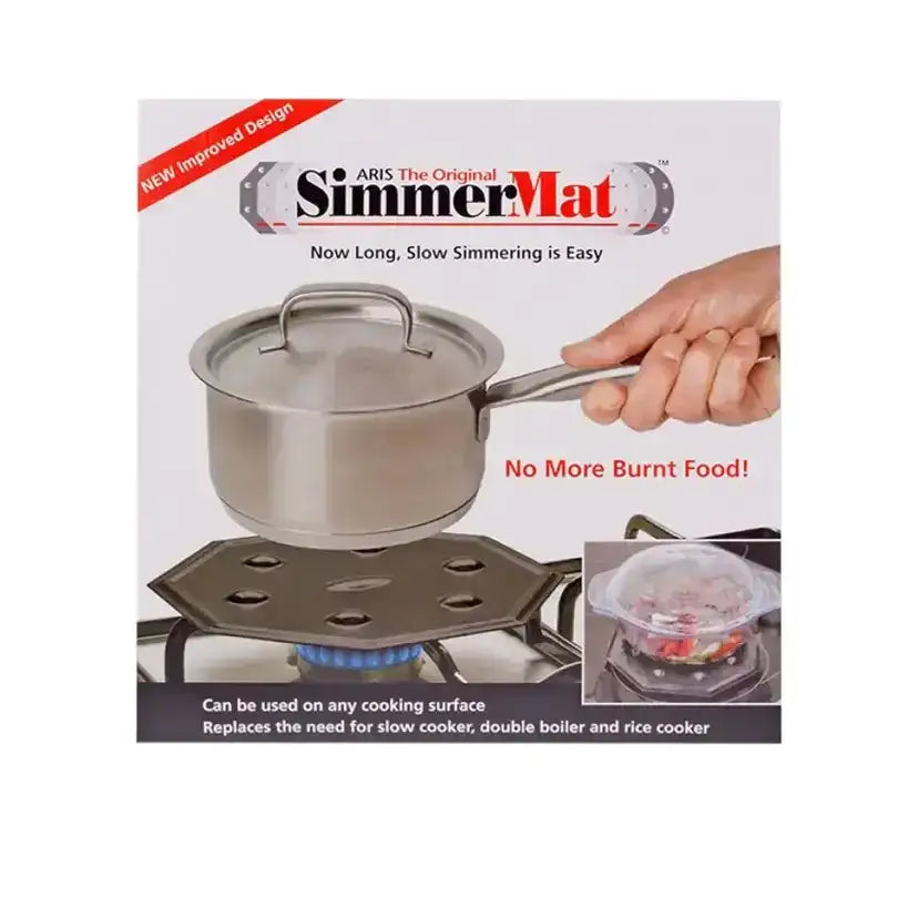 SimmerMat product packaging with a pot on top, showing its use on a stove.