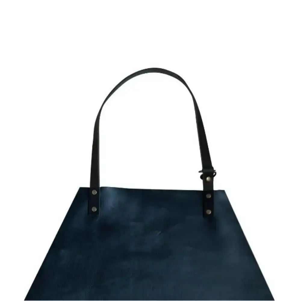 Dark blue leather apron with black straps and silver rivets from Arrow Leather Goods full leather apron black series