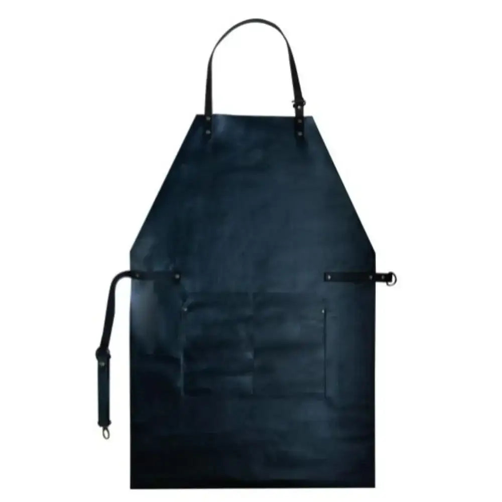 Black leather welding apron by Arrow Leather Goods with reinforced straps and a side pocket for durability and storage