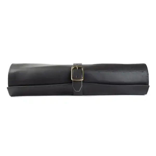 Black leather tool roll with a gold buckle on a white background