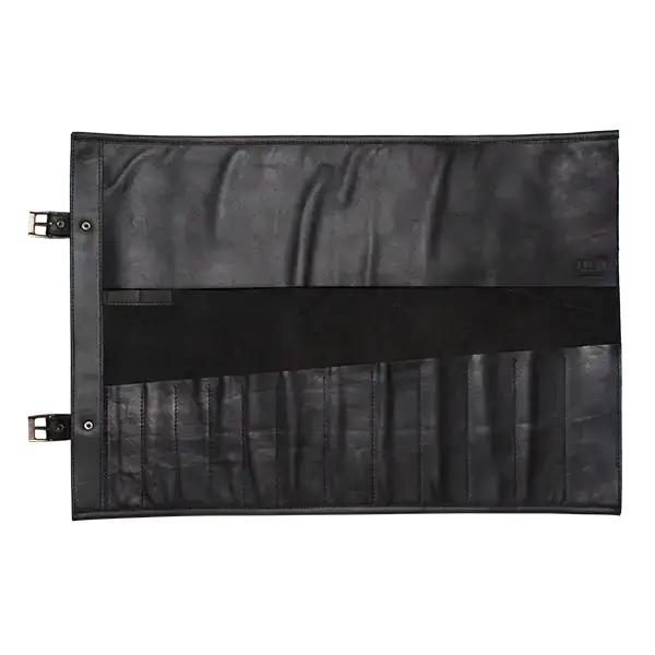 Black leather tool roll with multiple pockets on a white background