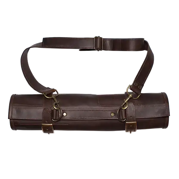 Brown leather tool roll with belt on a white background