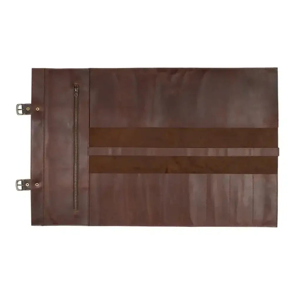 Brown leather clutch bag with a zipper on a white background