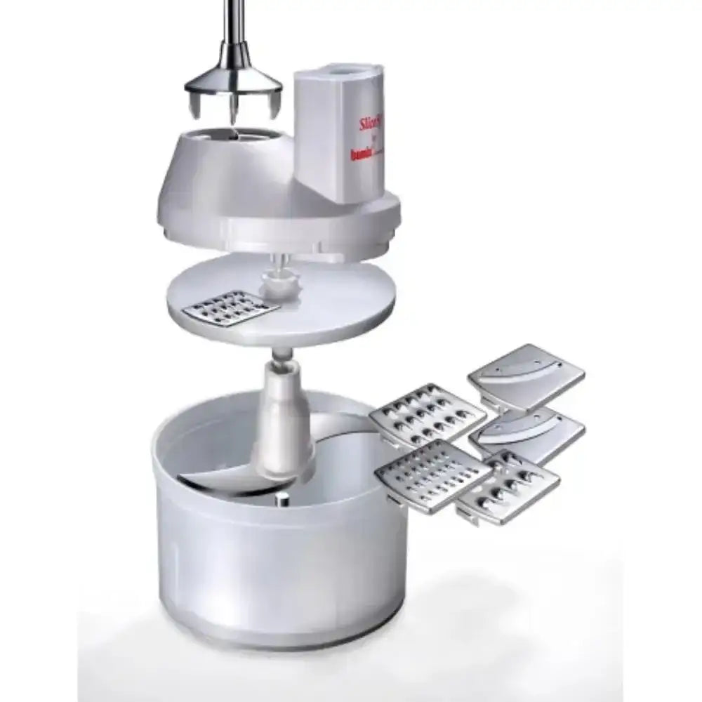 Silver kitchen mixer with attachments on a white background
