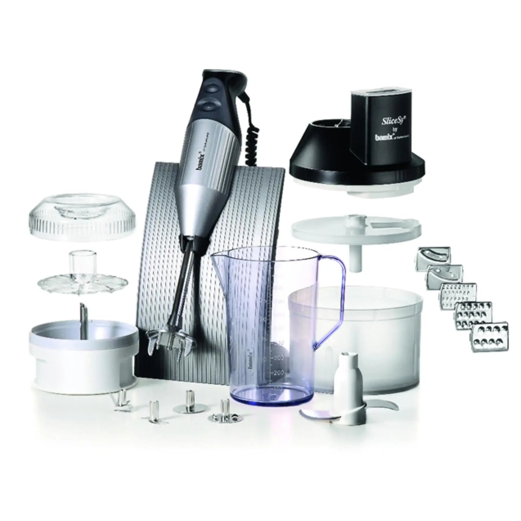 Collection of kitchen appliances and attachments on a white background