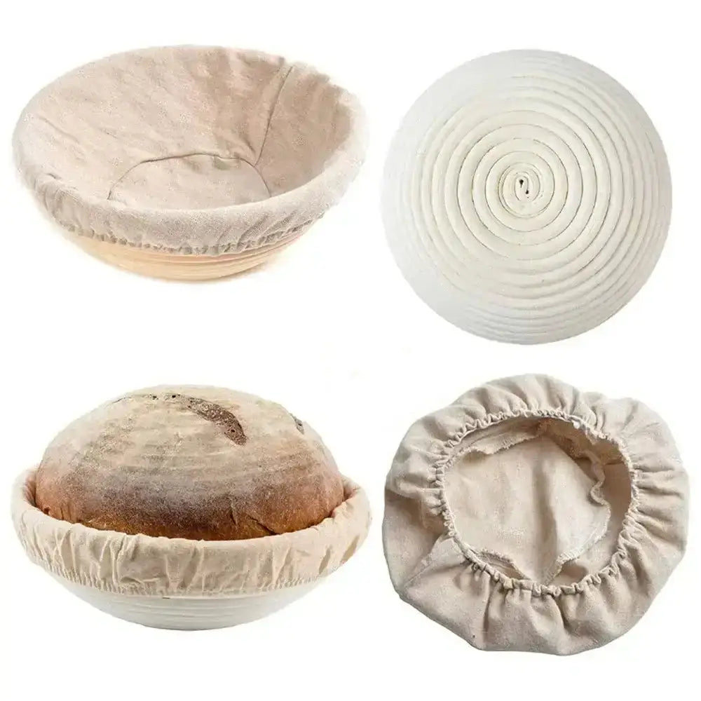 Set of bread-making tools including a round bread basket, a round dough ball, a covered bowl with bread, and a round dough scraper on a white background.