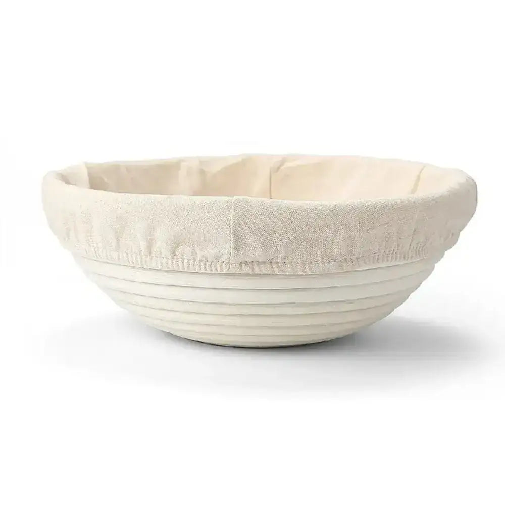 Textured ceramic bowl with a cloth cover on a white background
