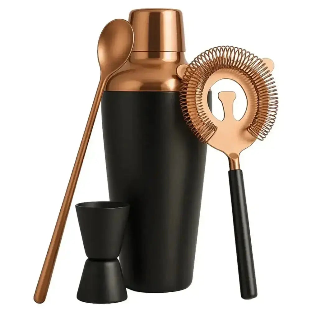 Cocktail shaker set with black and copper components on a white background