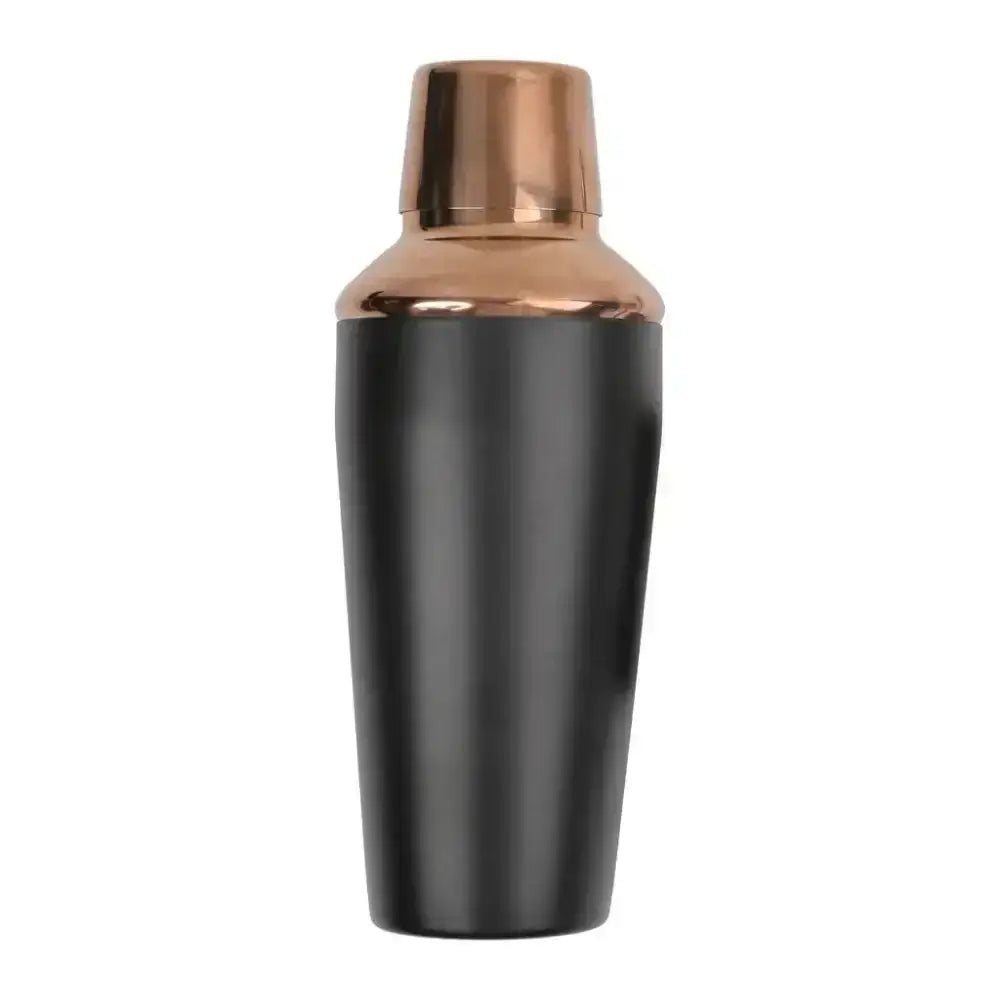 Black cocktail shaker with copper top on a white background