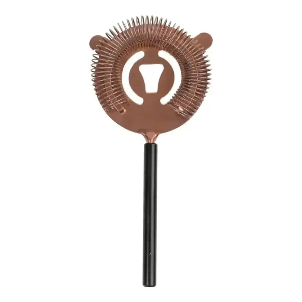 Copper cocktail strainer with black handle on a white background