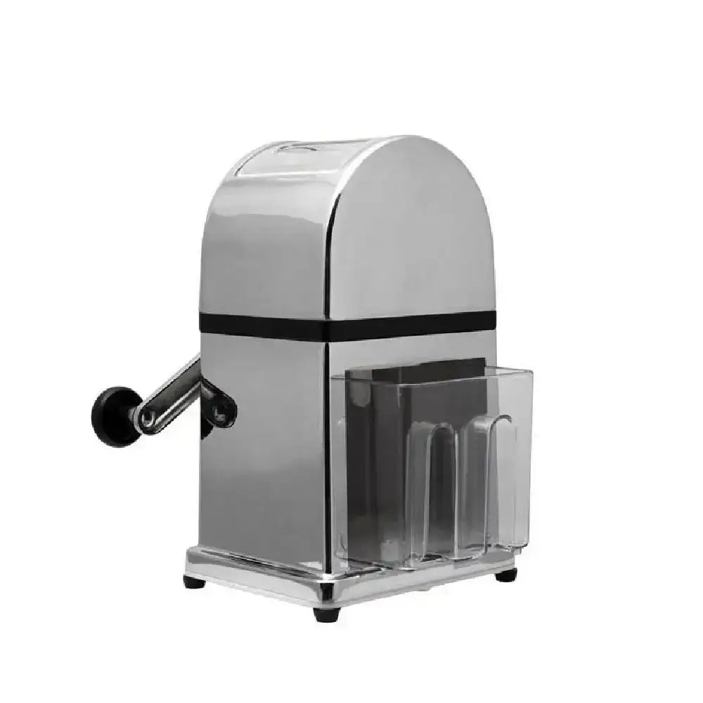 Heavy duty stainless steel ice crusher with manual handle and clear container, kitchenware at Cookin Stores