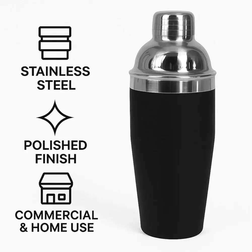 Black cocktail shaker with stainless steel accents on a white background