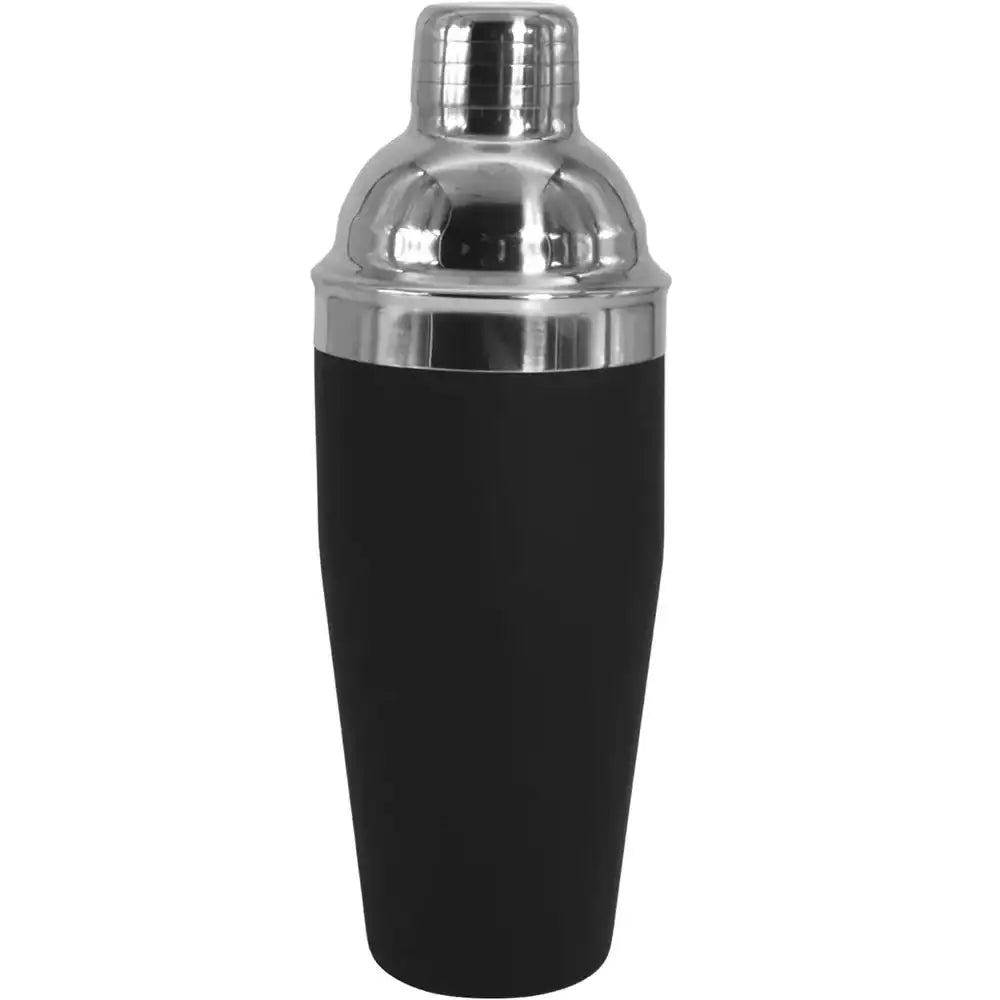 Black cocktail shaker with silver top on a white background