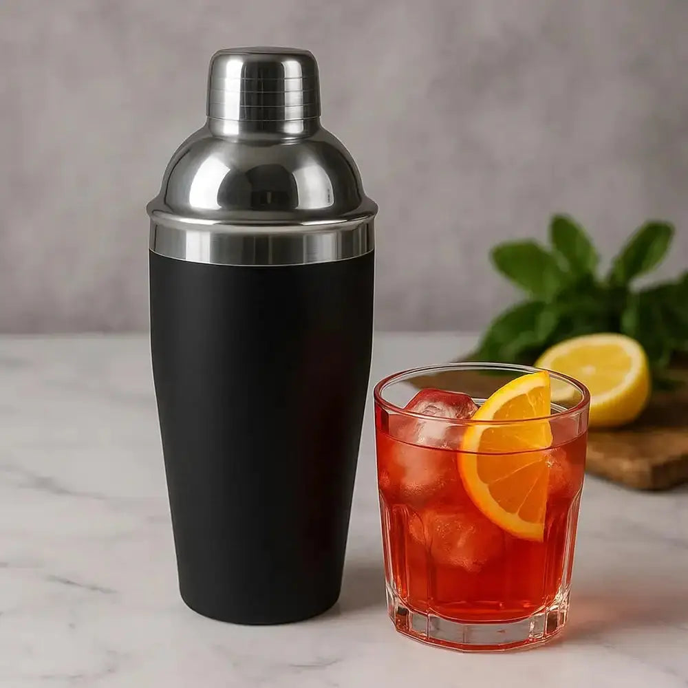 Black cocktail shaker next to a glass of red cocktail with an orange slice on a marble surface.