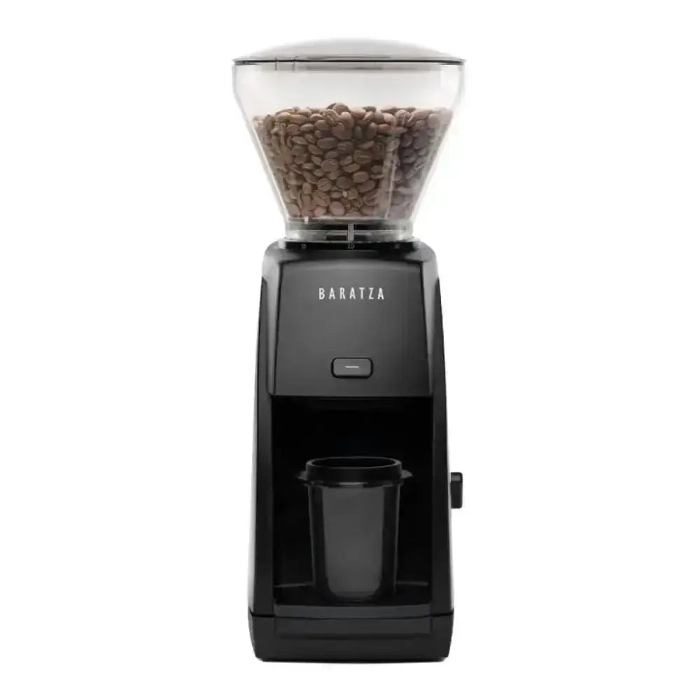 Black coffee grinder with a clear container of coffee beans on a white background