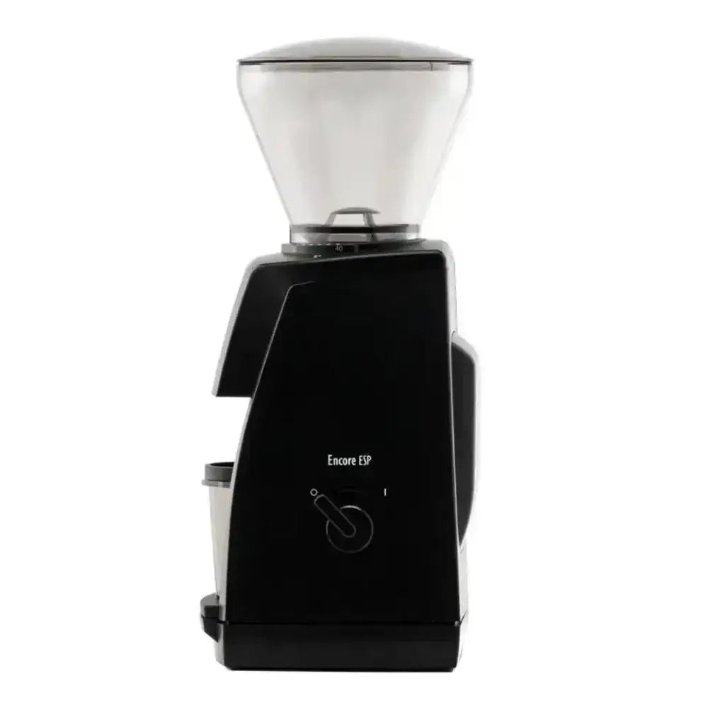 Black coffee grinder with clear top on a white background