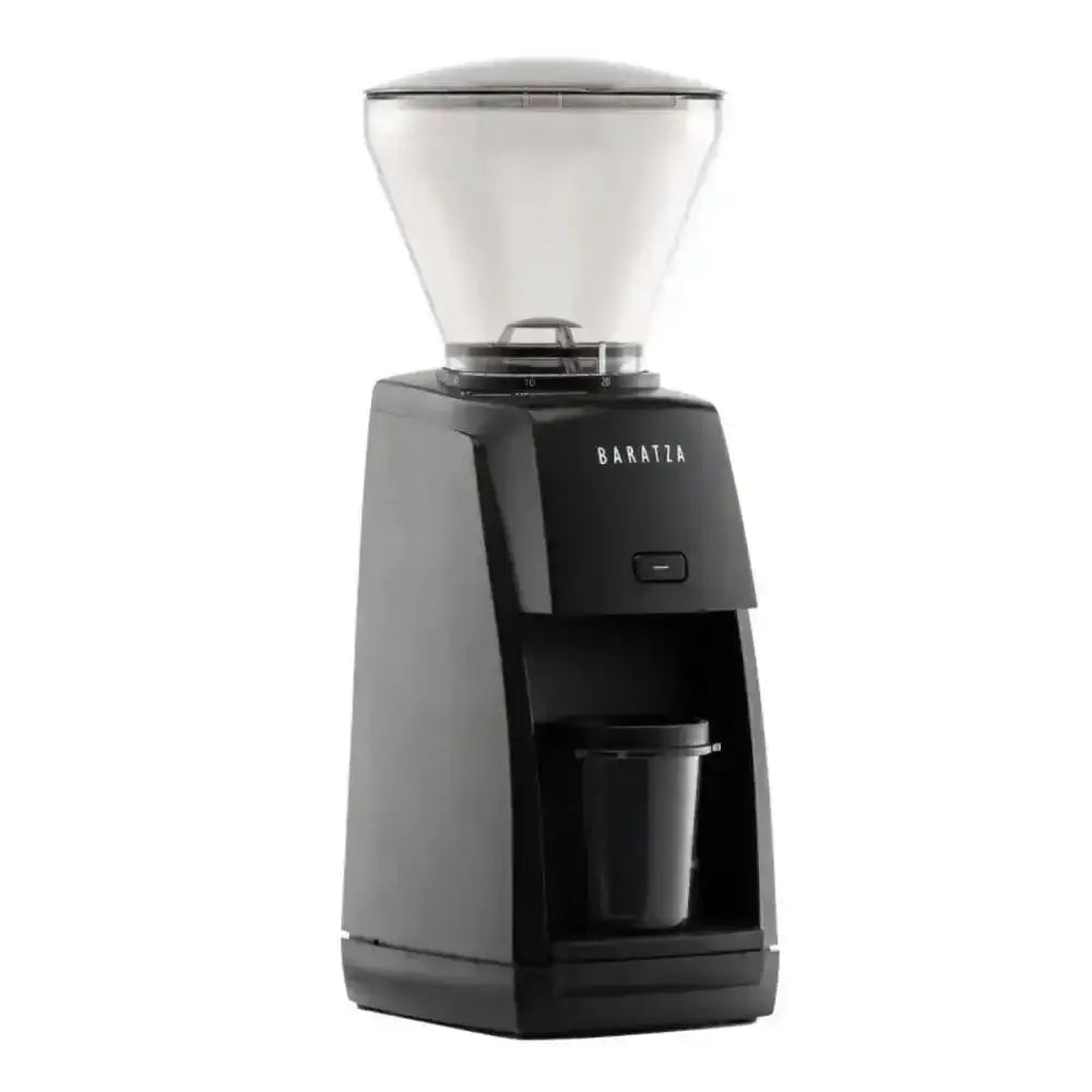 Black coffee grinder with clear top on a white background