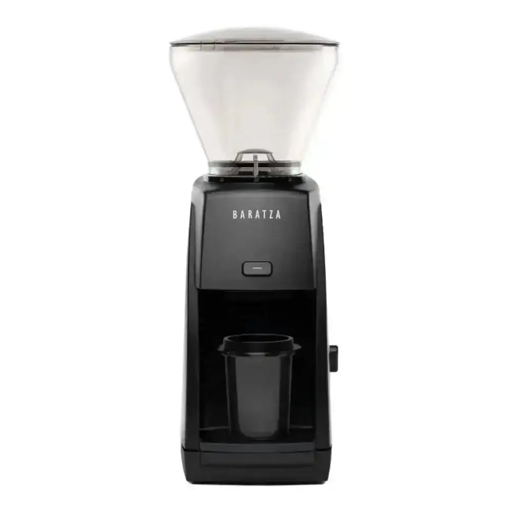 Black coffee grinder with clear top on a white background