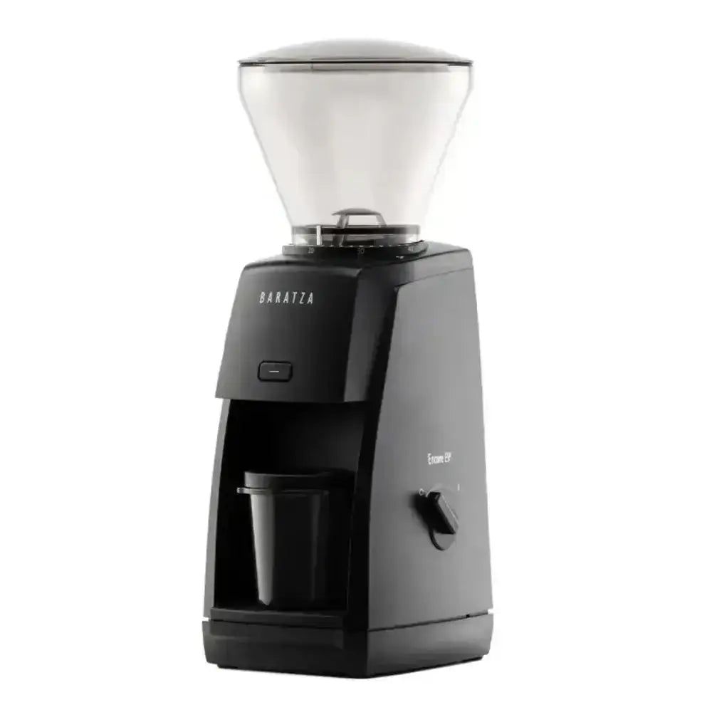 Black coffee grinder with clear top on a white background