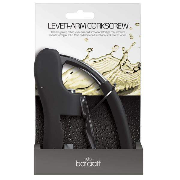BarCraft lever-arm corkscrew in packaging with water droplets and brand logo.
