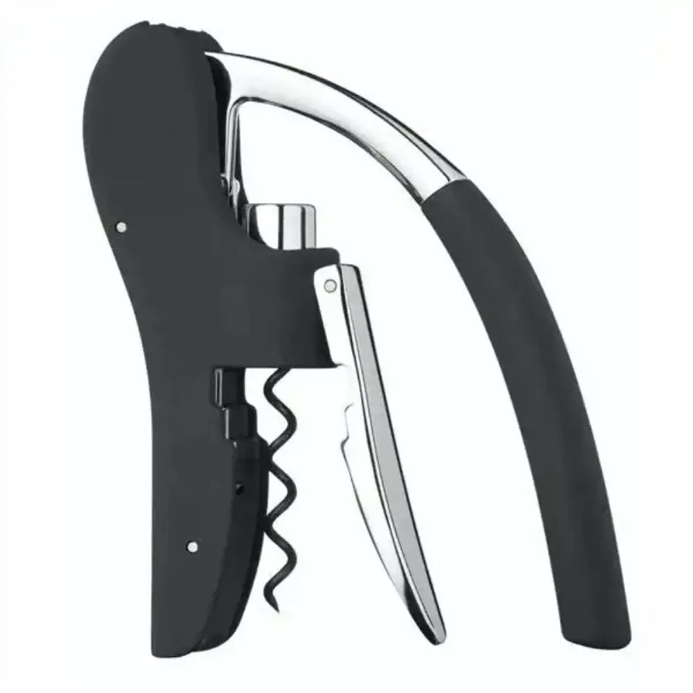 Black and silver corkscrew on a white background
